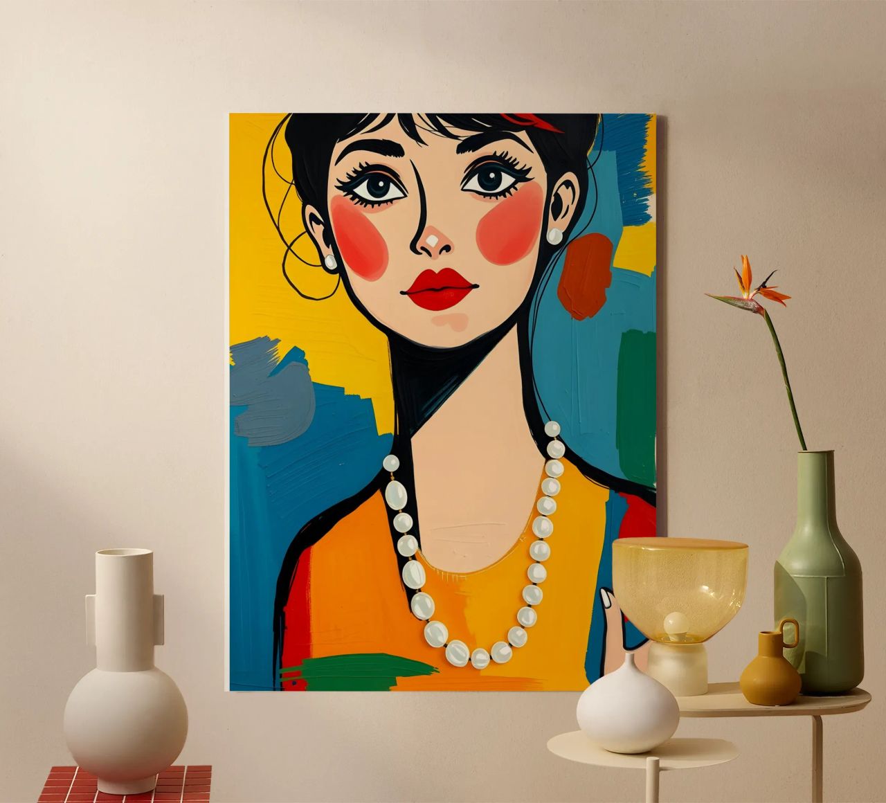 Audrey Hepburn trägt eine Perlenkette Leinwand von ARTOMATIC
