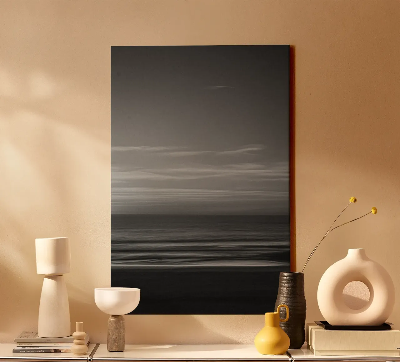 Drift Into Dusk - Black and white retro coastal photography canvas with Floater frame by Barefoot Visuals
