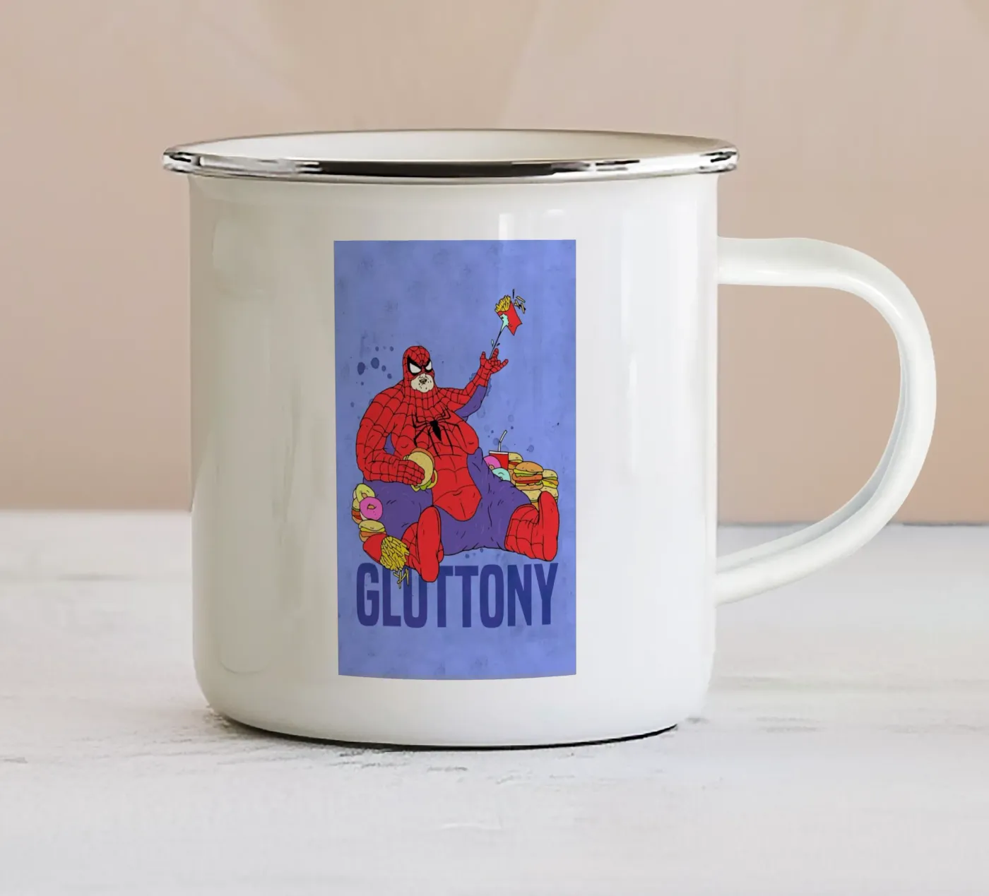 Gluttony enamel mug by Nick Cocozza