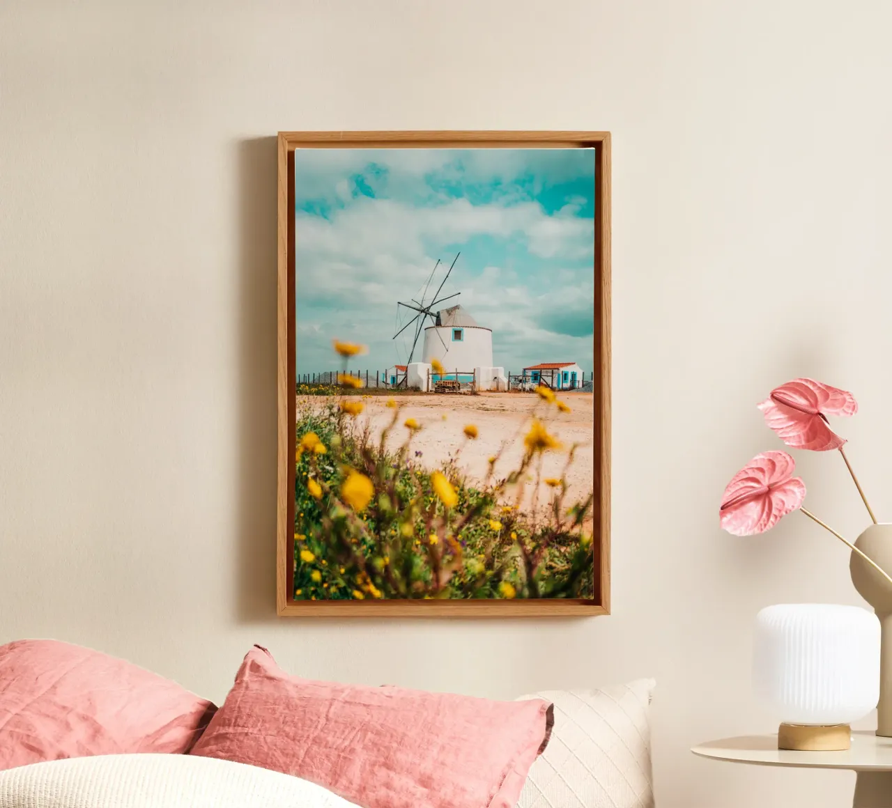 Mediterranean windmill in Portugal with wildflowers and clouds canvas with Floater frame by Bold and Retro
