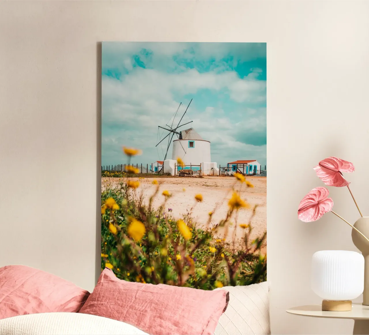 Mediterranean windmill in Portugal with wildflowers and clouds canvas with Floater frame by Bold and Retro