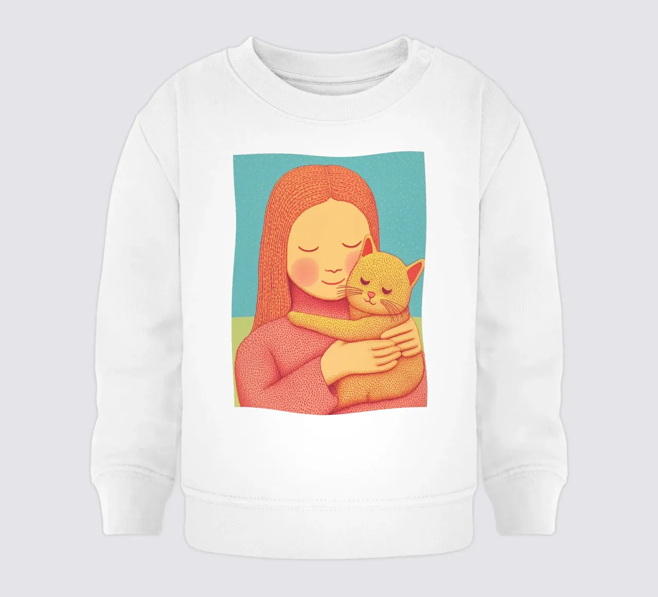 Scaldare l'animale domestico e ragazza abbraccio ritratto accogliente Cat Wall Pictures felpa neonato da Kaji