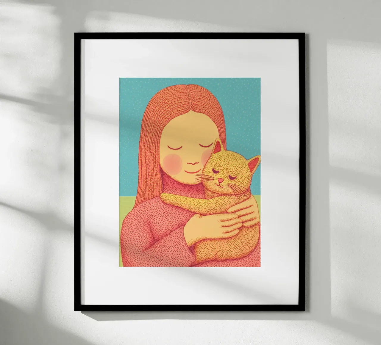 Scaldare l'animale domestico e ragazza abbraccio ritratto accogliente Cat Wall Pictures poster con telaio in legno da Kaji