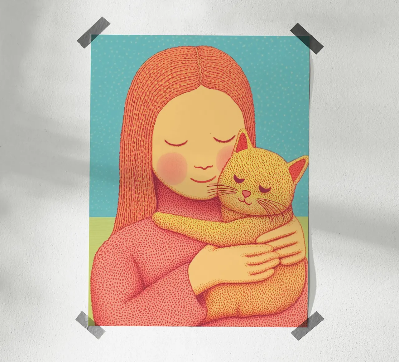 Scaldare l'animale domestico e ragazza abbraccio ritratto accogliente Cat Wall Pictures poster con telaio in legno da Kaji