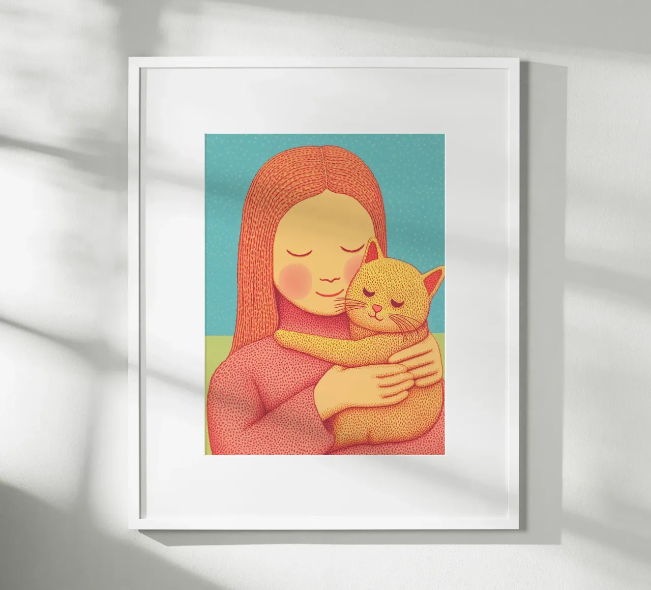 Scaldare l'animale domestico e ragazza abbraccio ritratto accogliente Cat Wall Pictures poster con telaio in legno da Kaji