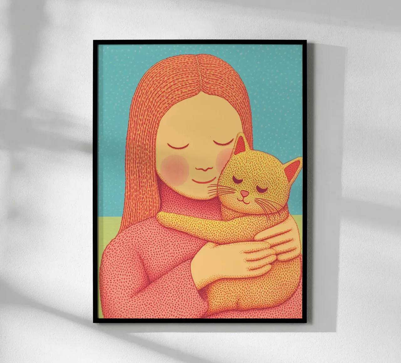 Scaldare l'animale domestico e ragazza abbraccio ritratto accogliente Cat Wall Pictures poster con telaio in legno da Kaji