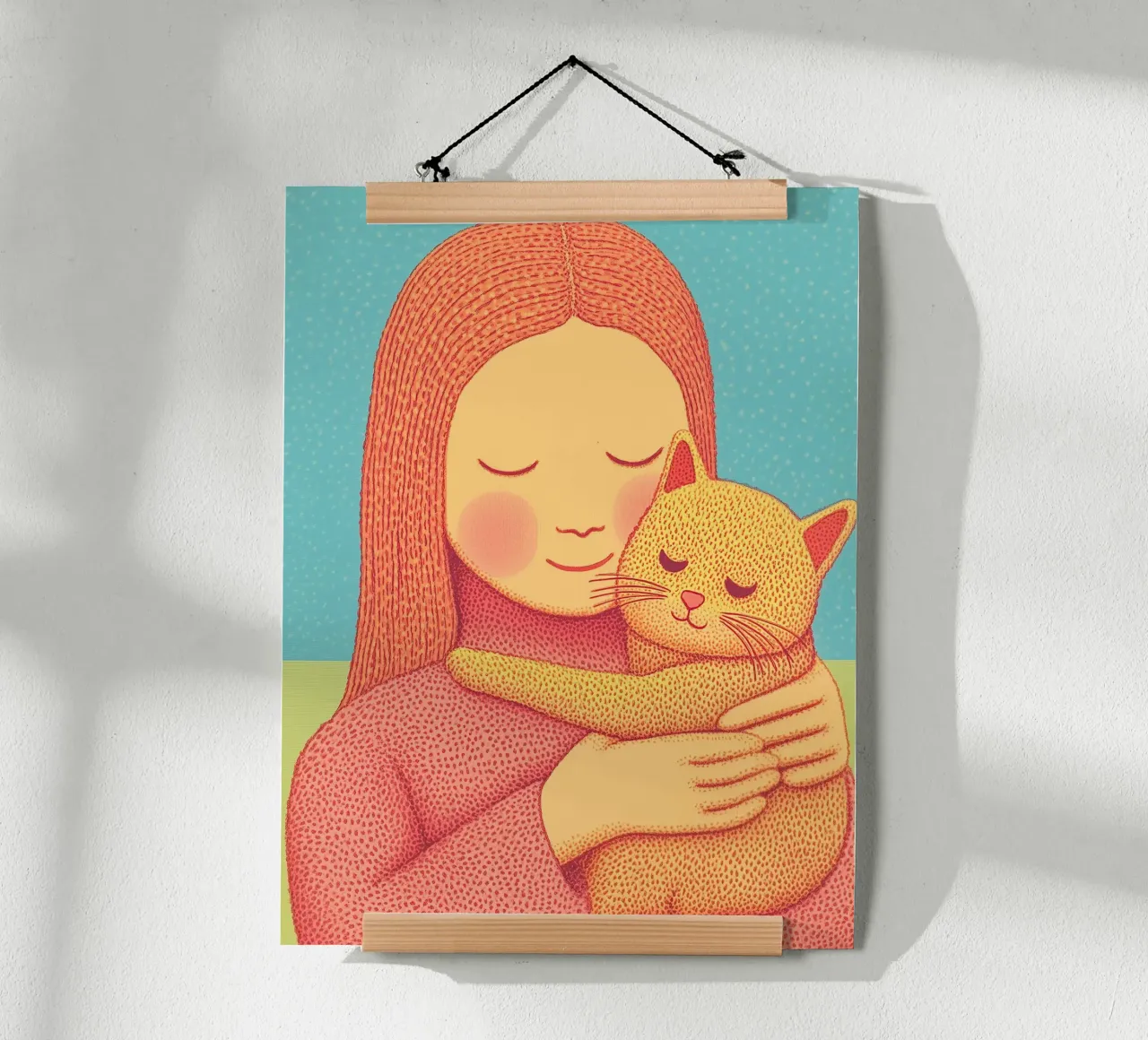 Scaldare l'animale domestico e ragazza abbraccio ritratto accogliente Cat Wall Pictures poster con telaio in legno da Kaji