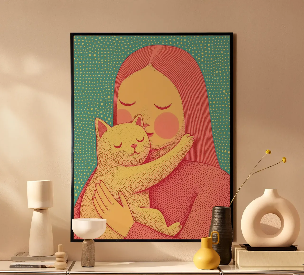 Día de la Madre Cat Wall Art - Cat Mother & Pet Hug Print poster con marco de plástico de Kaji