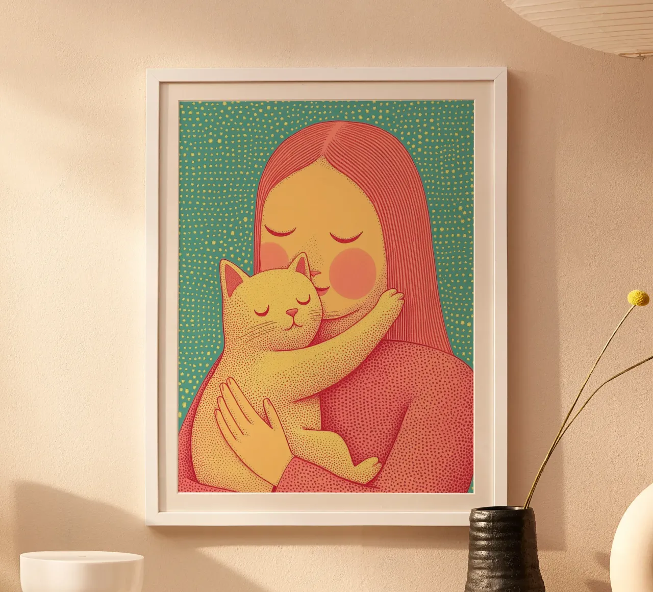 Día de la Madre Cat Wall Art - Cat Mother & Pet Hug Print poster con marco de plástico de Kaji