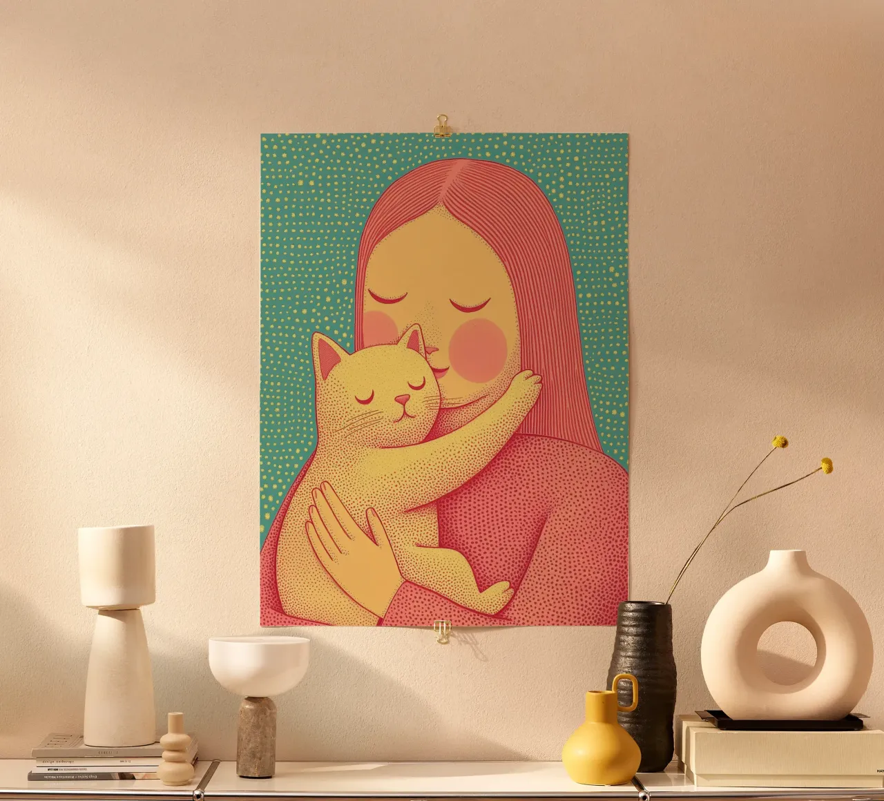 Día de la Madre Cat Wall Art - Cat Mother & Pet Hug Print poster con marco de plástico de Kaji