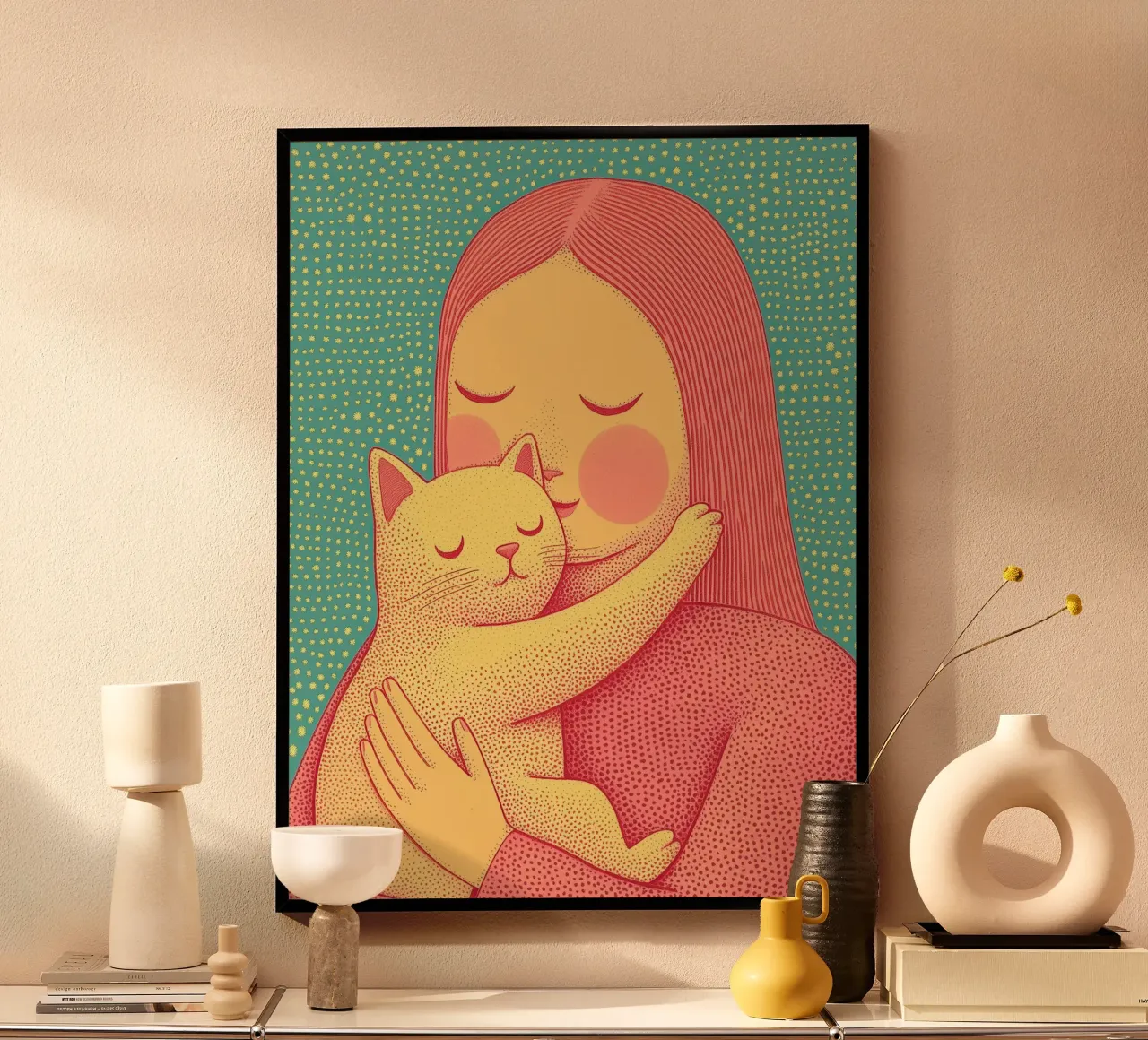 Día de la Madre Cat Wall Art - Cat Mother & Pet Hug Print poster con marco de plástico de Kaji