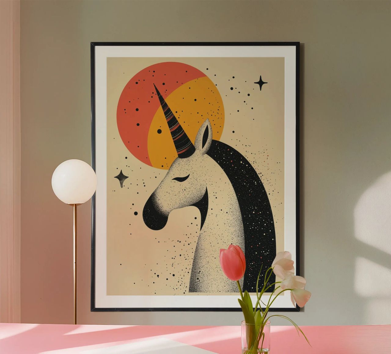 Einhorn mit Mond | Romantische Druckgrafik Poster von Autofocus