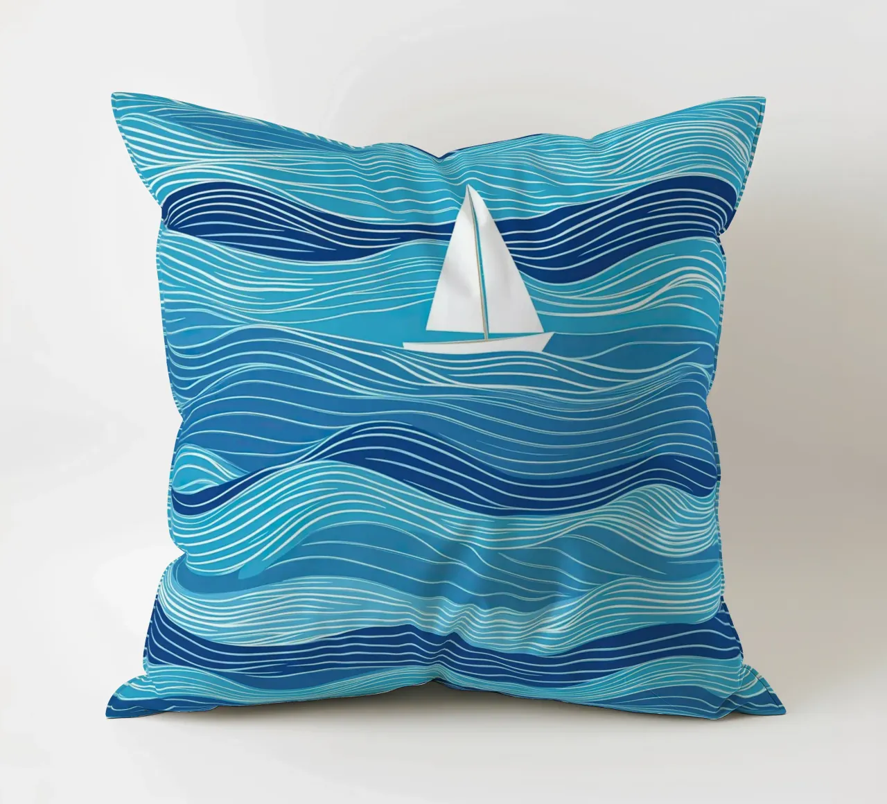 Barca a vela tra le onde | Lineart in blu e bianco cuscino da Autofocus