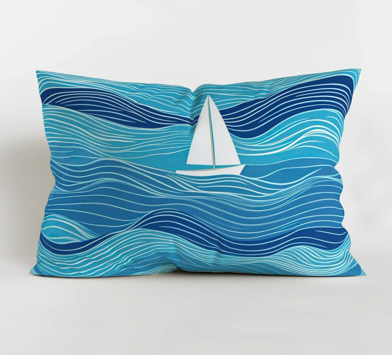 Barca a vela tra le onde | Lineart in blu e bianco cuscino da Autofocus