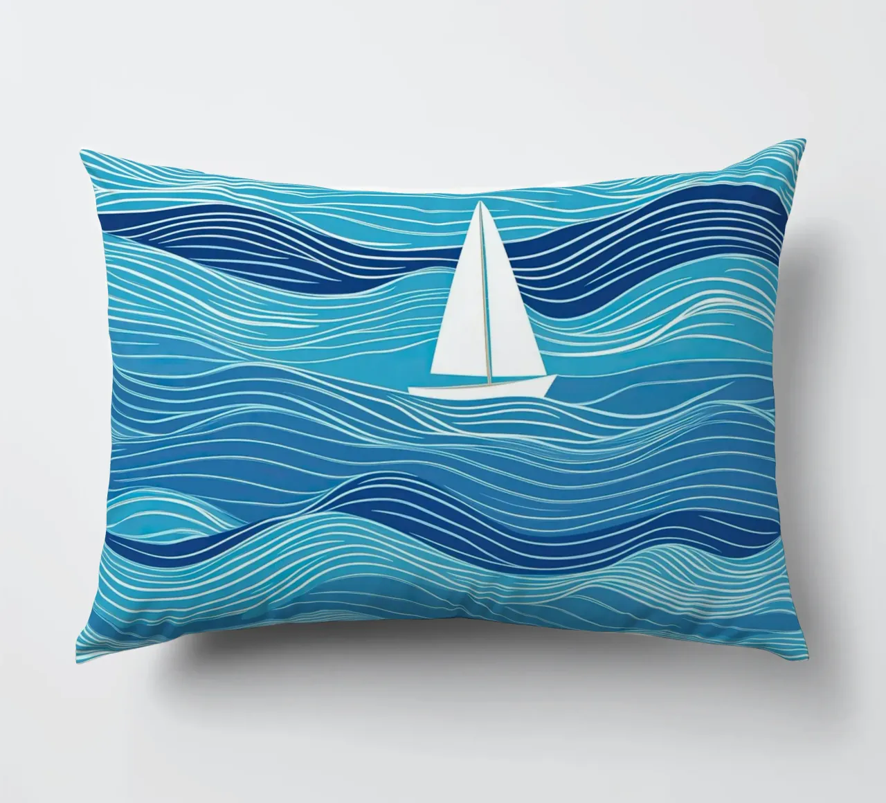 Barca a vela tra le onde | Lineart in blu e bianco cuscino da Autofocus