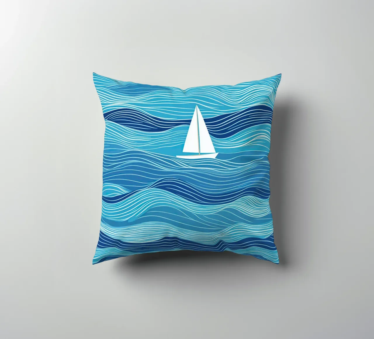 Barca a vela tra le onde | Lineart in blu e bianco cuscino da Autofocus