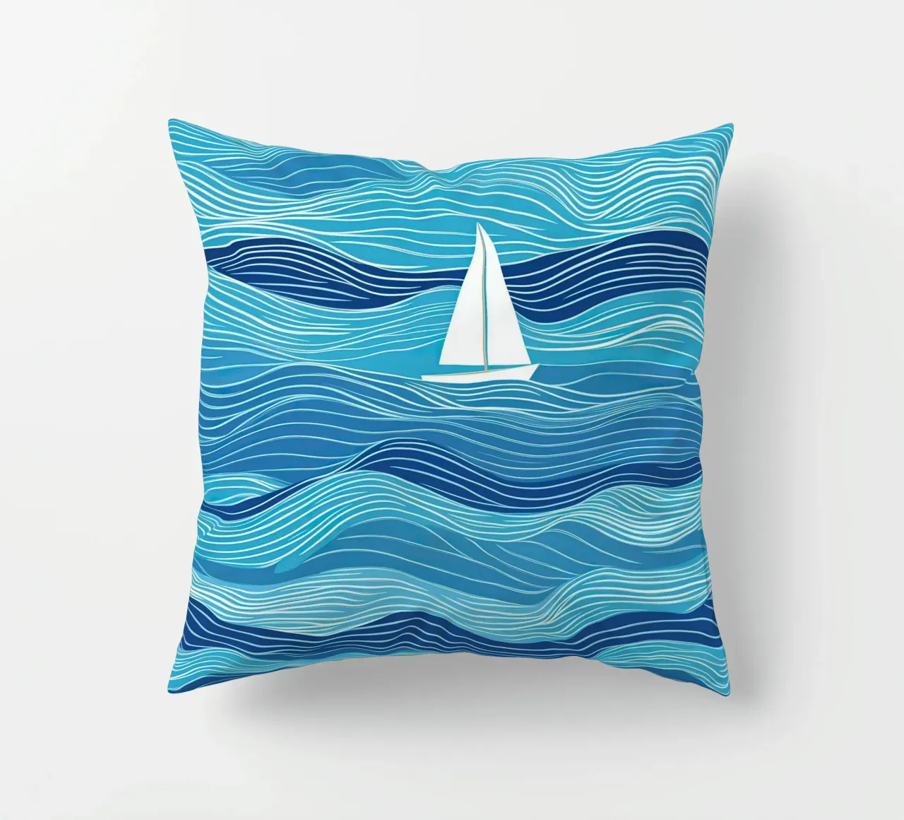 Barca a vela tra le onde | Lineart in blu e bianco cuscino da Autofocus