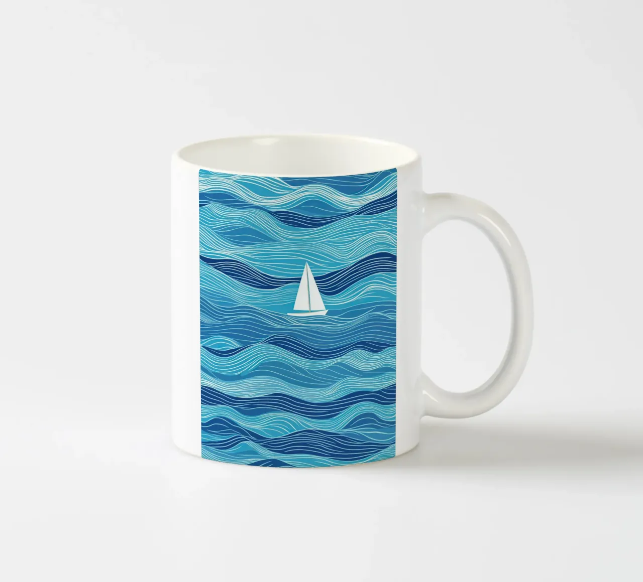Zeilboot in de golven | Lineart in blauw en wit keramische mok van Autofocus