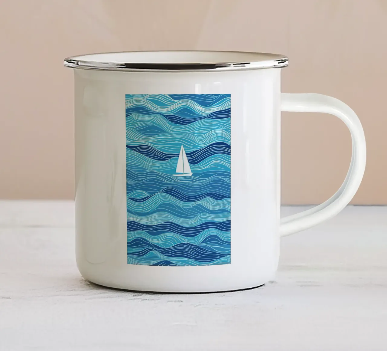 Voilier dans les vagues | Lineart en bleu et blanc mug en émail de Autofocus