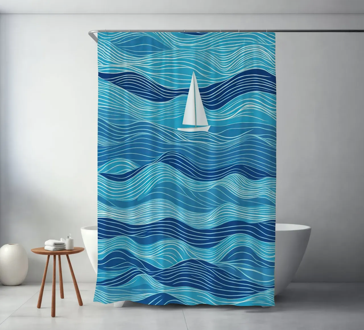 Zeilboot in de golven | Lineart in blauw en wit douchegordijn van Autofocus