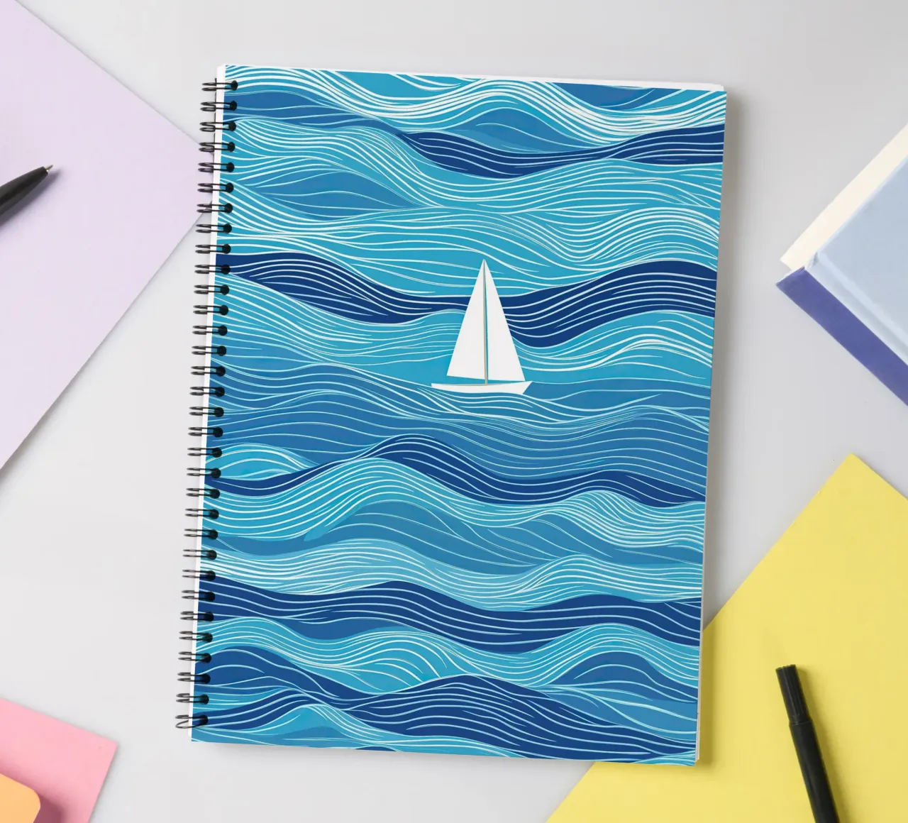 Voilier dans les vagues | Lineart en bleu et blanc carnet à spirale de Autofocus