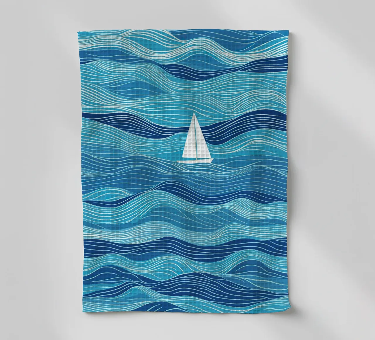 Voilier dans les vagues | Lineart en bleu et blanc torchon de Autofocus