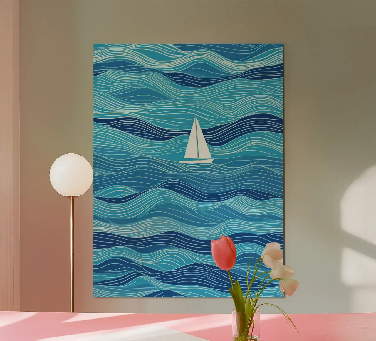 Voilier dans les vagues | Lineart en bleu et blanc hahnemühle de Autofocus