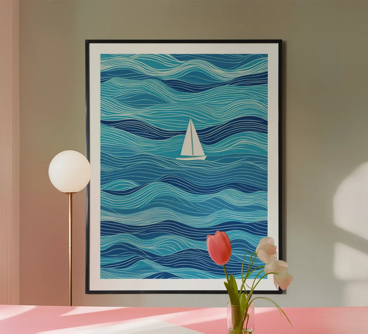 Voilier dans les vagues | Lineart en bleu et blanc hahnemühle de Autofocus