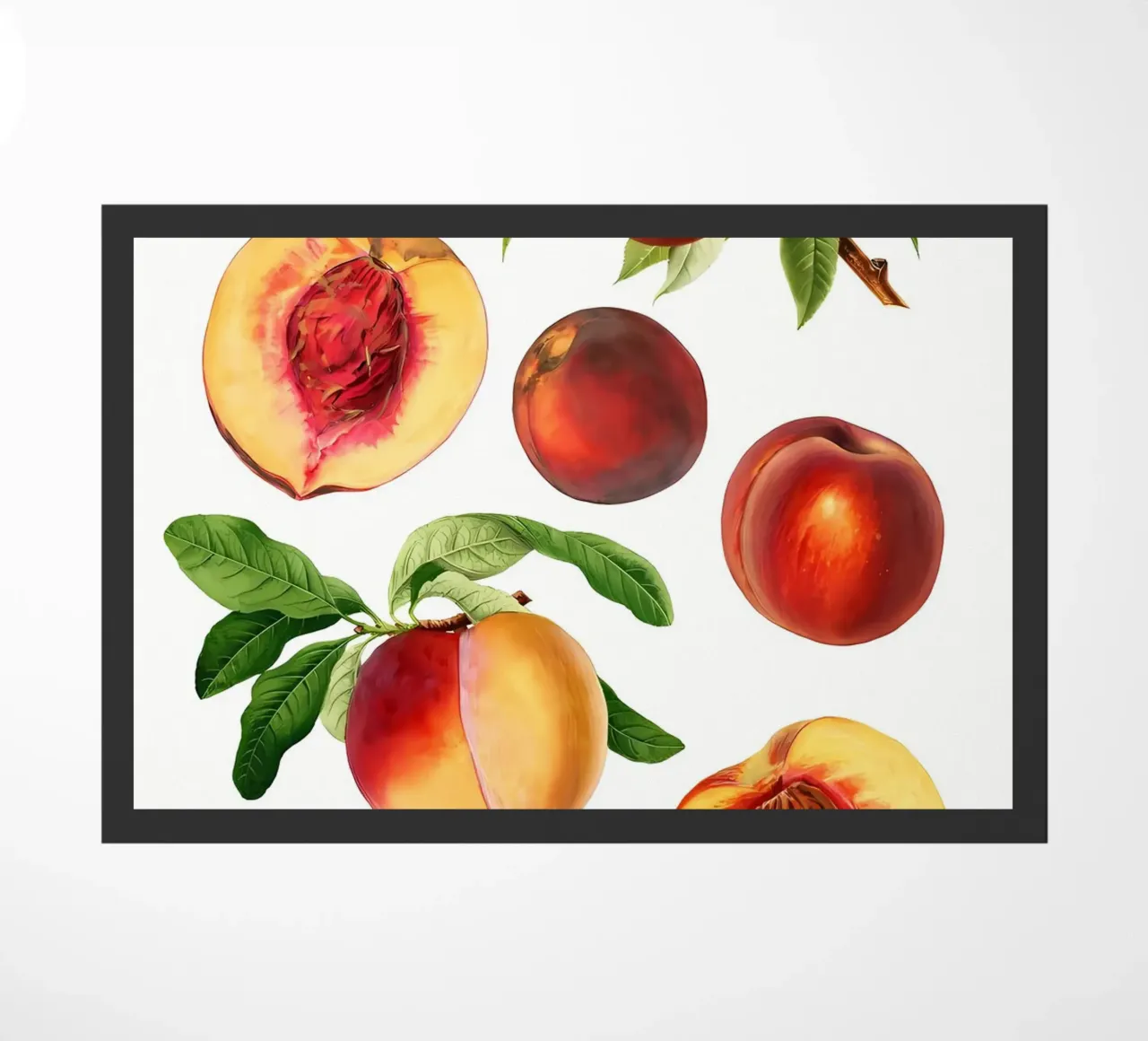 set di pesche fresche disegnate a mano su frutta, vintage, foglie, des zerbino da Manhmai