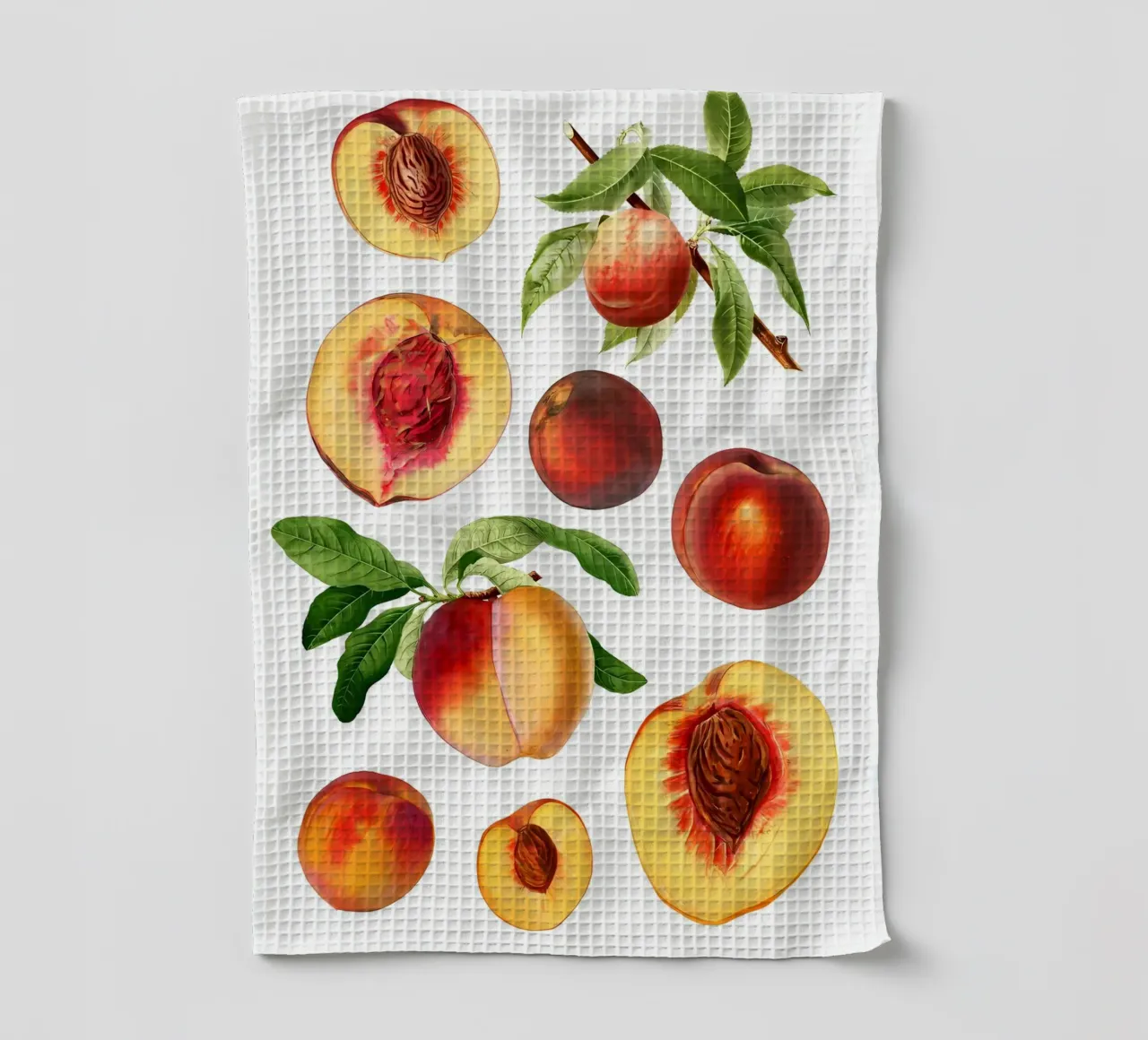 hand getekende verse perzikreeks over fruit, wijnoogst, bladeren, des theedoek van Manhmai