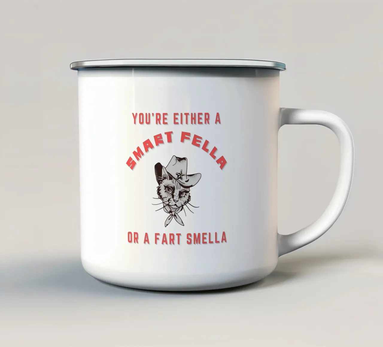 Cat Are You A Smart Fella Or Fart Smella Retro Cartoon tazza in smalto da ririedis