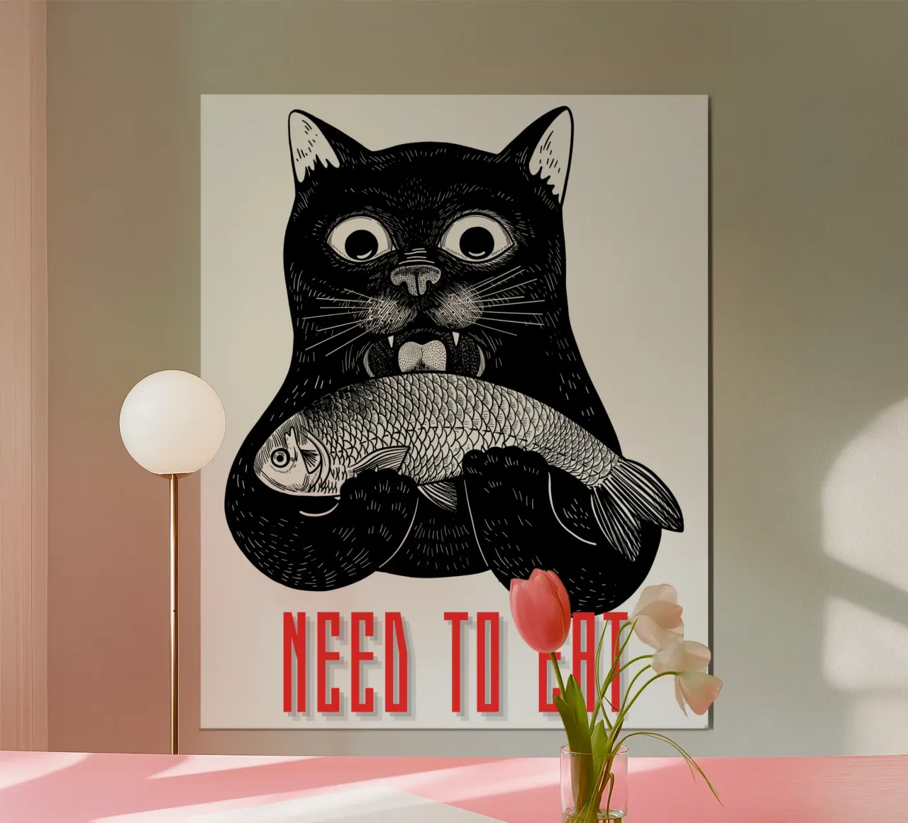 IL GATTO HA BISOGNO DI MANGIARE poster con telaio in alluminio da ririedis