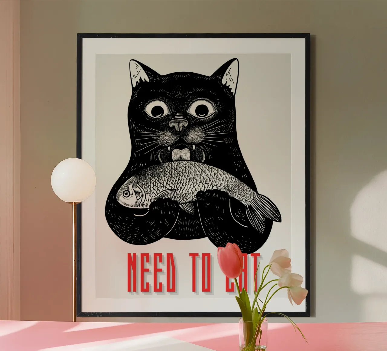 IL GATTO HA BISOGNO DI MANGIARE poster con telaio in alluminio da ririedis