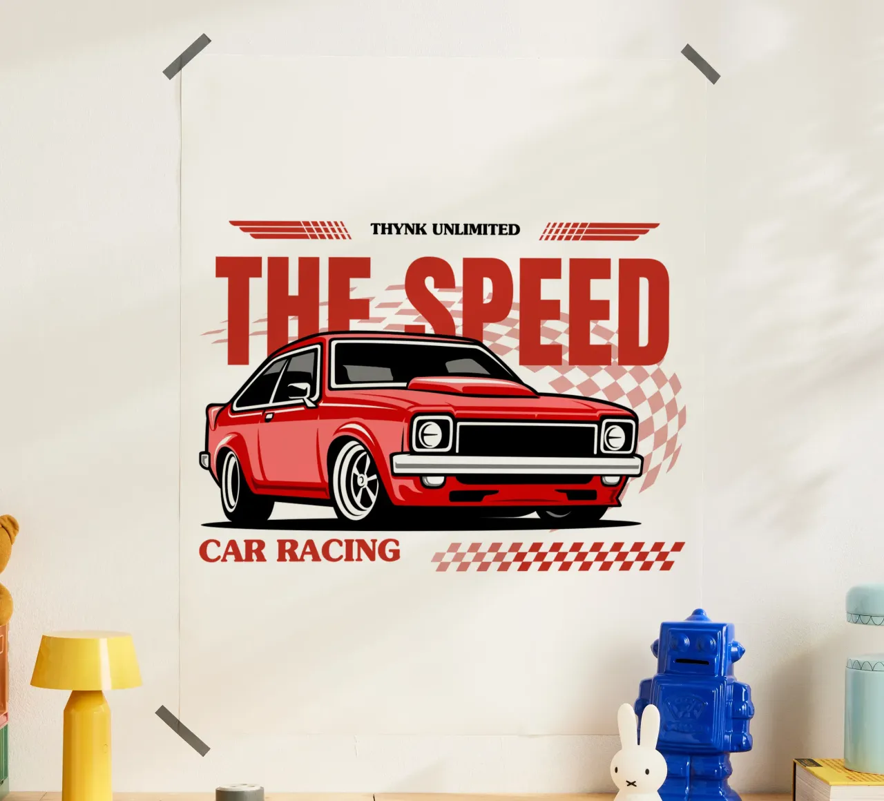 Maglietta sportiva da corsa rossa e nera poster con telaio in legno da ririedis