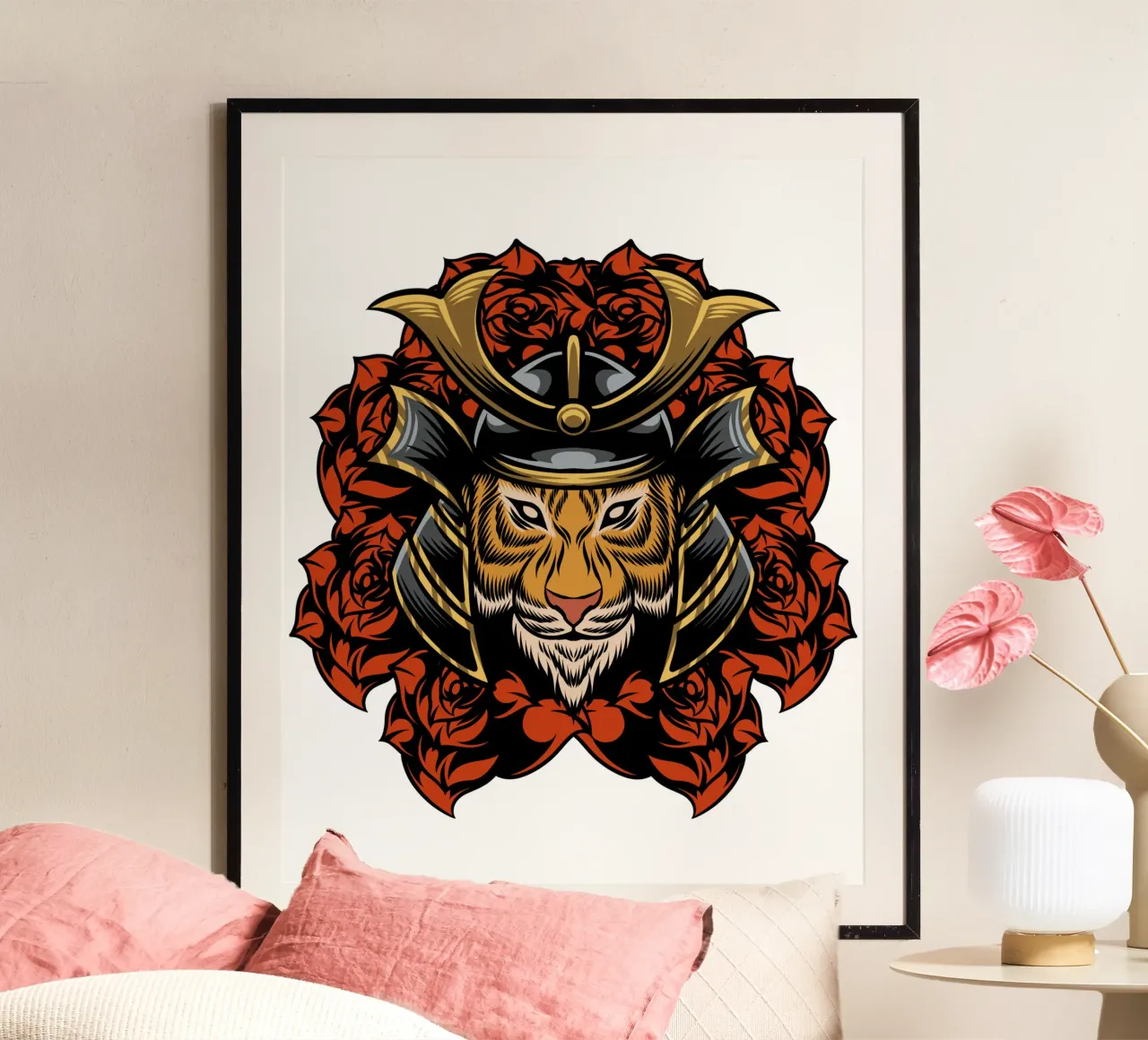 Arte della maschera della tigre giapponese poster con telaio in alluminio da nirwanaart