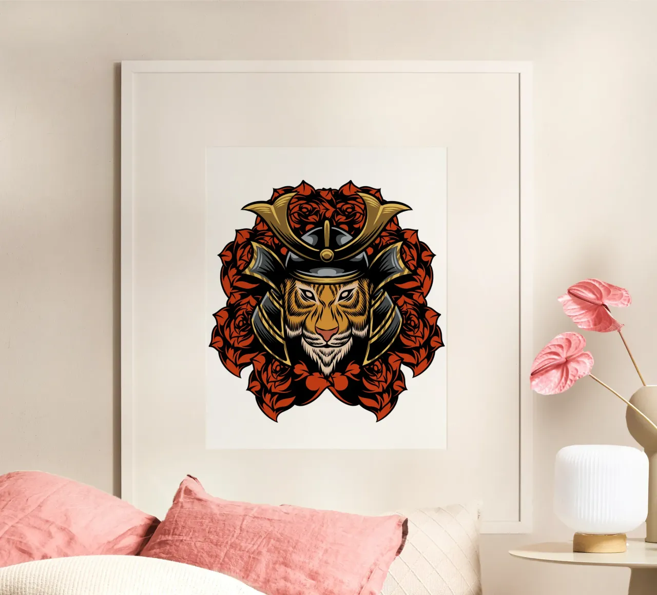 Arte della maschera della tigre giapponese poster con telaio in alluminio da nirwanaart