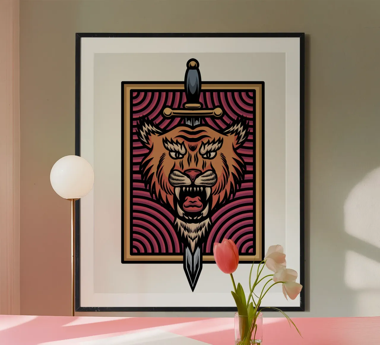 Design artistico della tigre e della katana poster con telaio in legno da nirwanaart