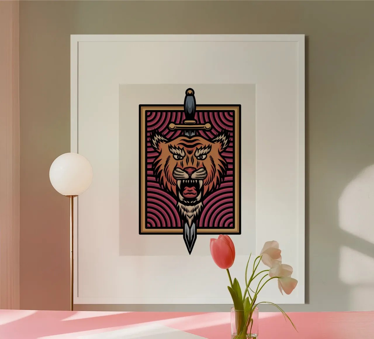 Design artistico della tigre e della katana poster con telaio in legno da nirwanaart