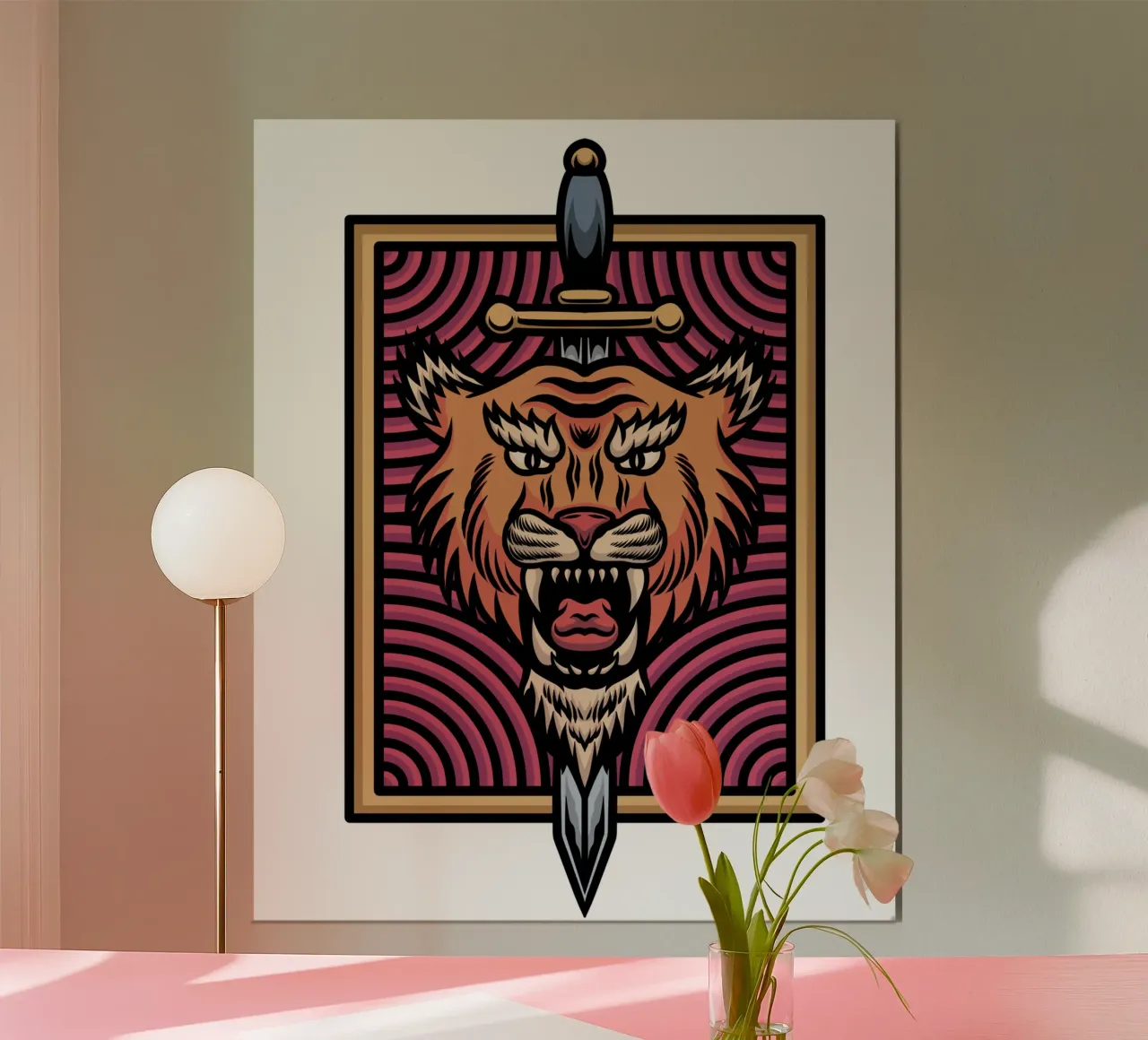 Design artistico della tigre e della katana poster con telaio in legno da nirwanaart