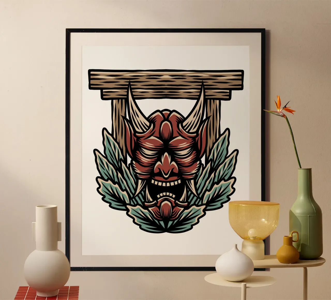 Arte mascherata ninja giapponese poster con telaio in legno da nirwanaart