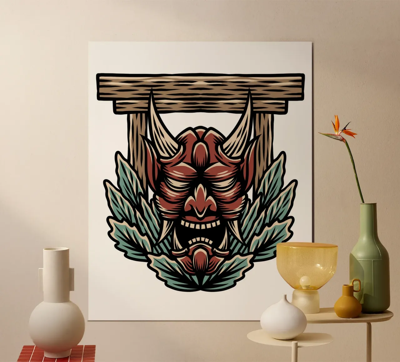 Arte mascherata ninja giapponese poster con telaio in legno da nirwanaart