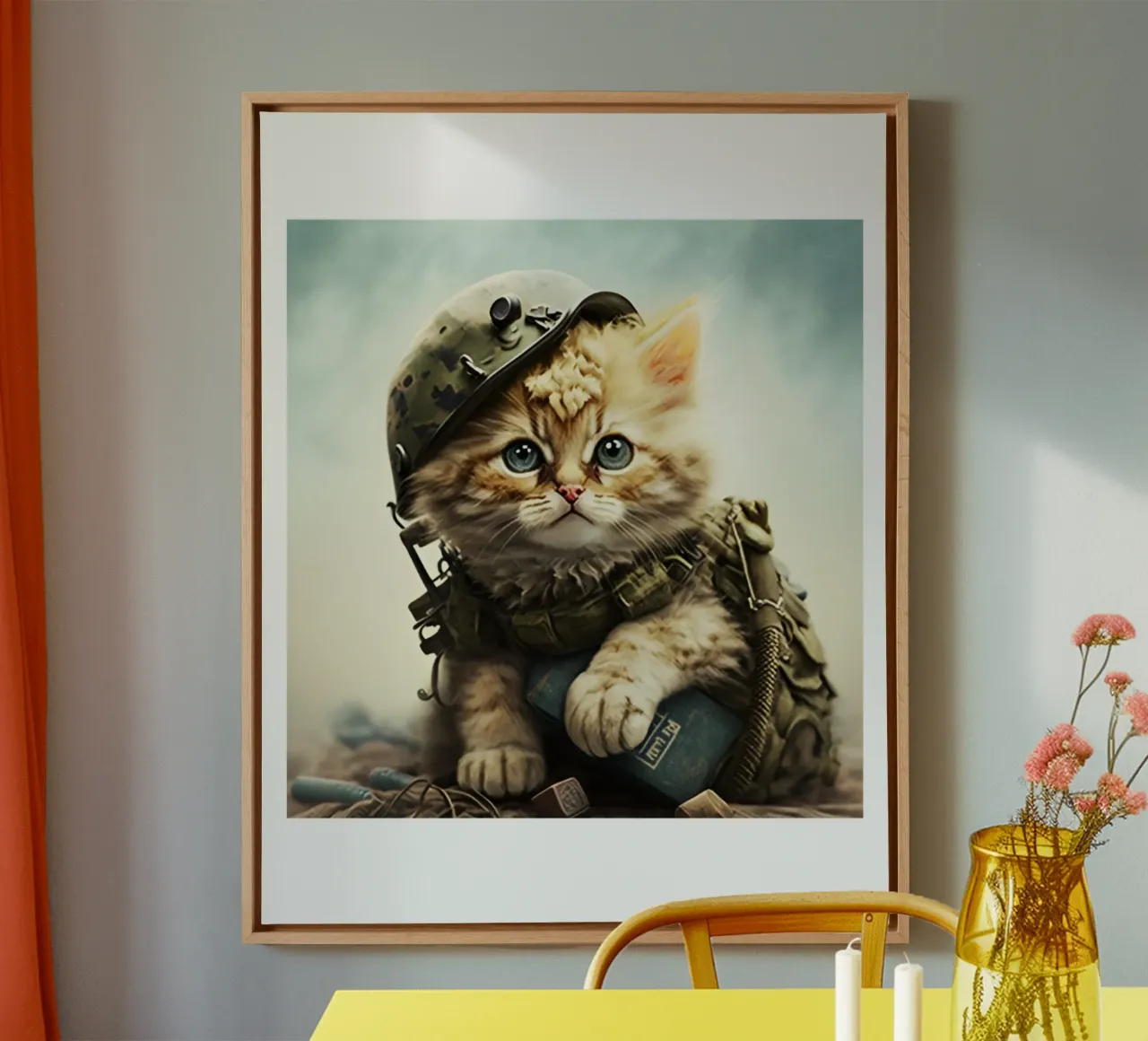 Gatto da mille metri con sguardo fisso Meme Art Design tela con Cornice a cassetta da nirwanaart