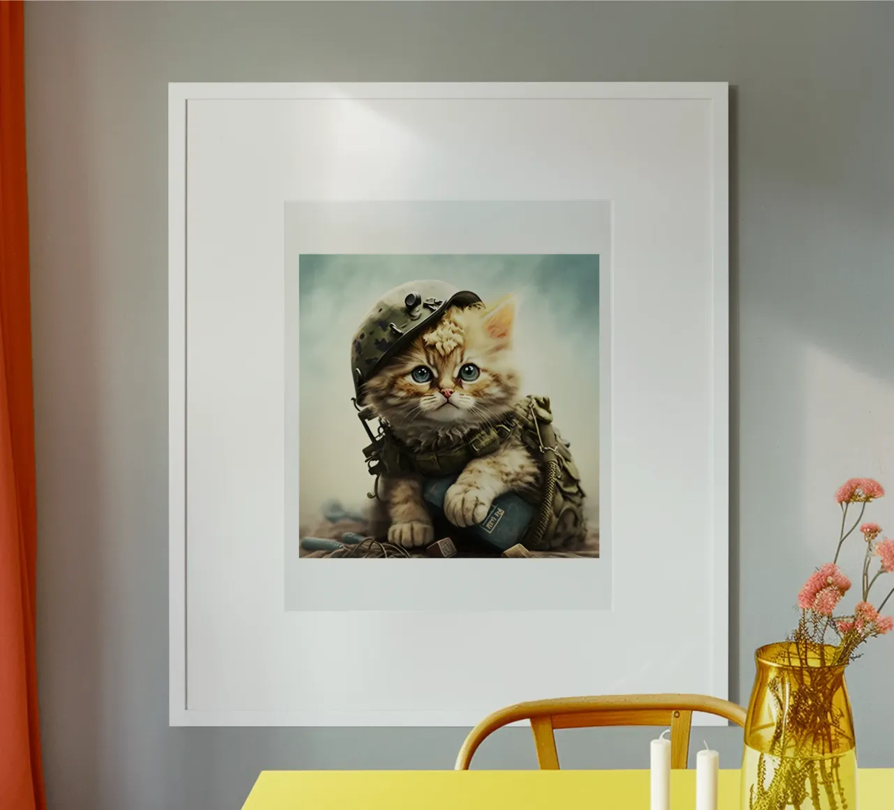 Gatto da mille metri con sguardo fisso Meme Art Design poster con telaio in legno da nirwanaart