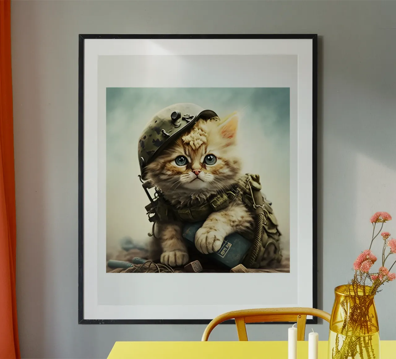 Gatto da mille metri con sguardo fisso Meme Art Design poster con telaio in legno da nirwanaart