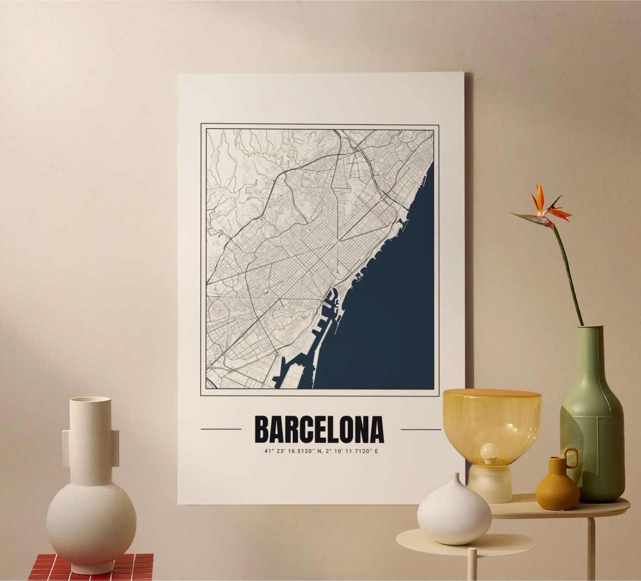 Minimalistische Barcelona-Karte - Moderne Schwarz-Weiß-Wandkunst Leinwand von Ben & Clo creations