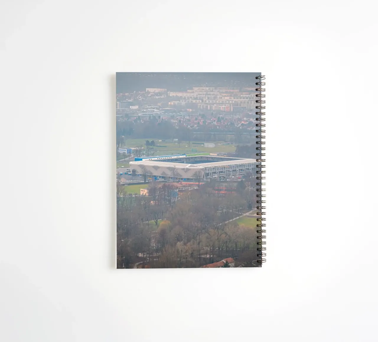 Ad Hoc Arena at the Ernst-Abbe-Sportfeld in Jena in the fog spiral notebook by Marcus Beckert | Fotografie
