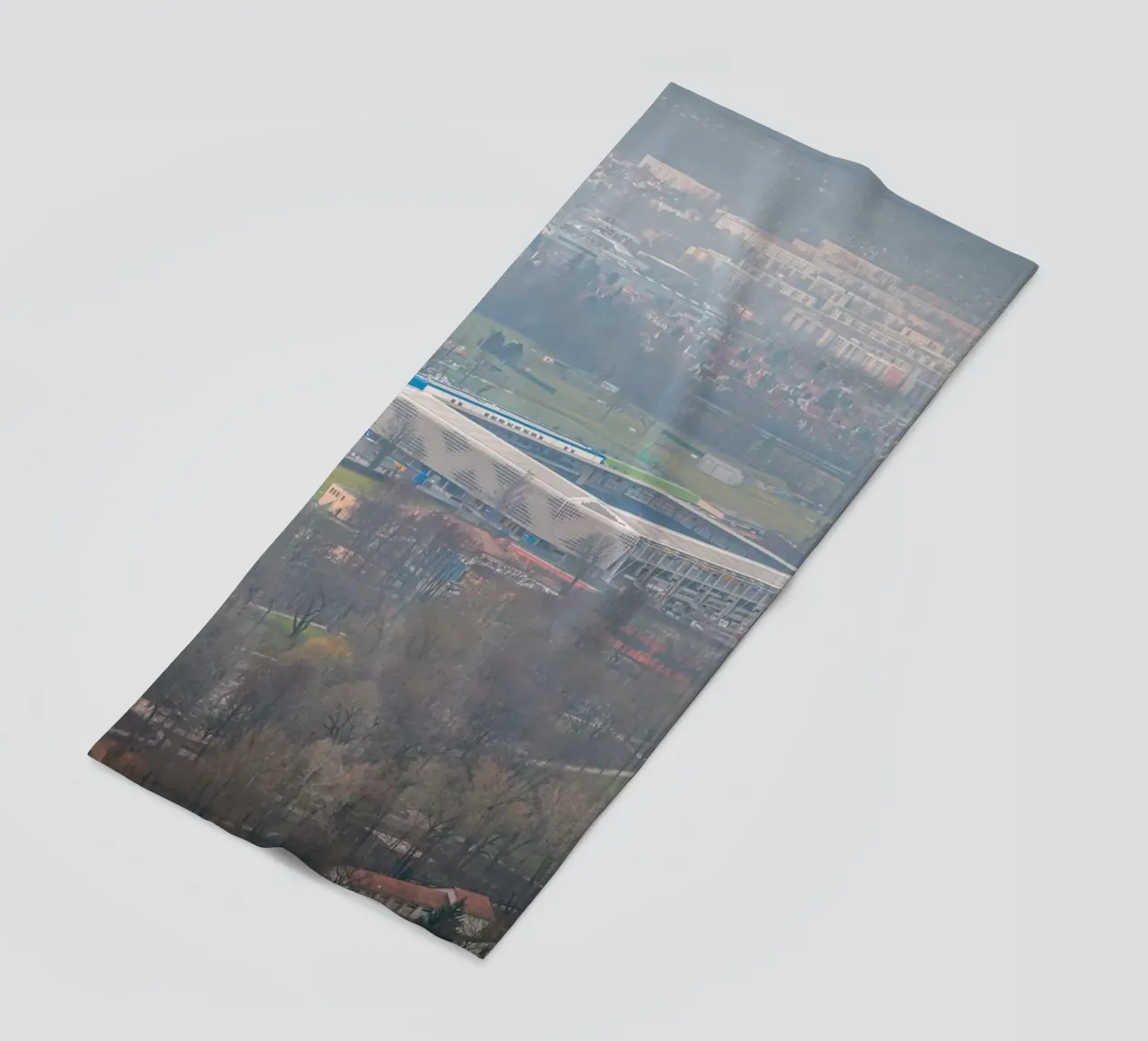 Ad Hoc Arena at the Ernst-Abbe-Sportfeld in Jena in the fog beach towel by Marcus Beckert | Fotografie
