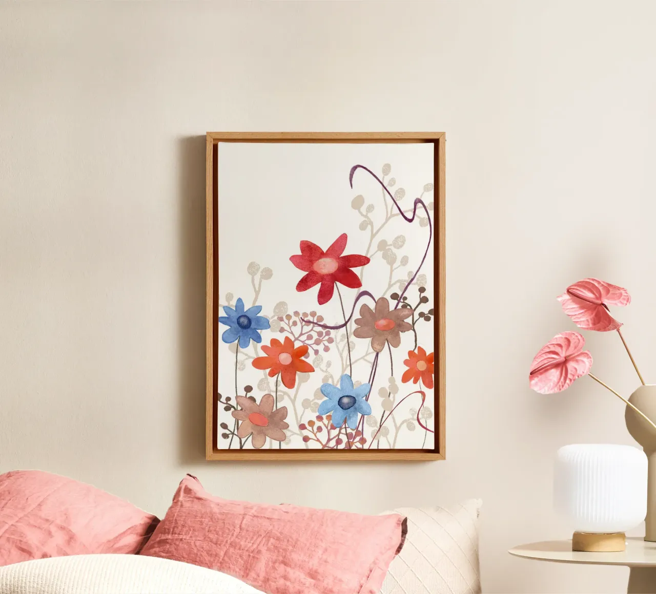 Blumen in rot, blau, braun tela con Cornice a cassetta da Farbwelten