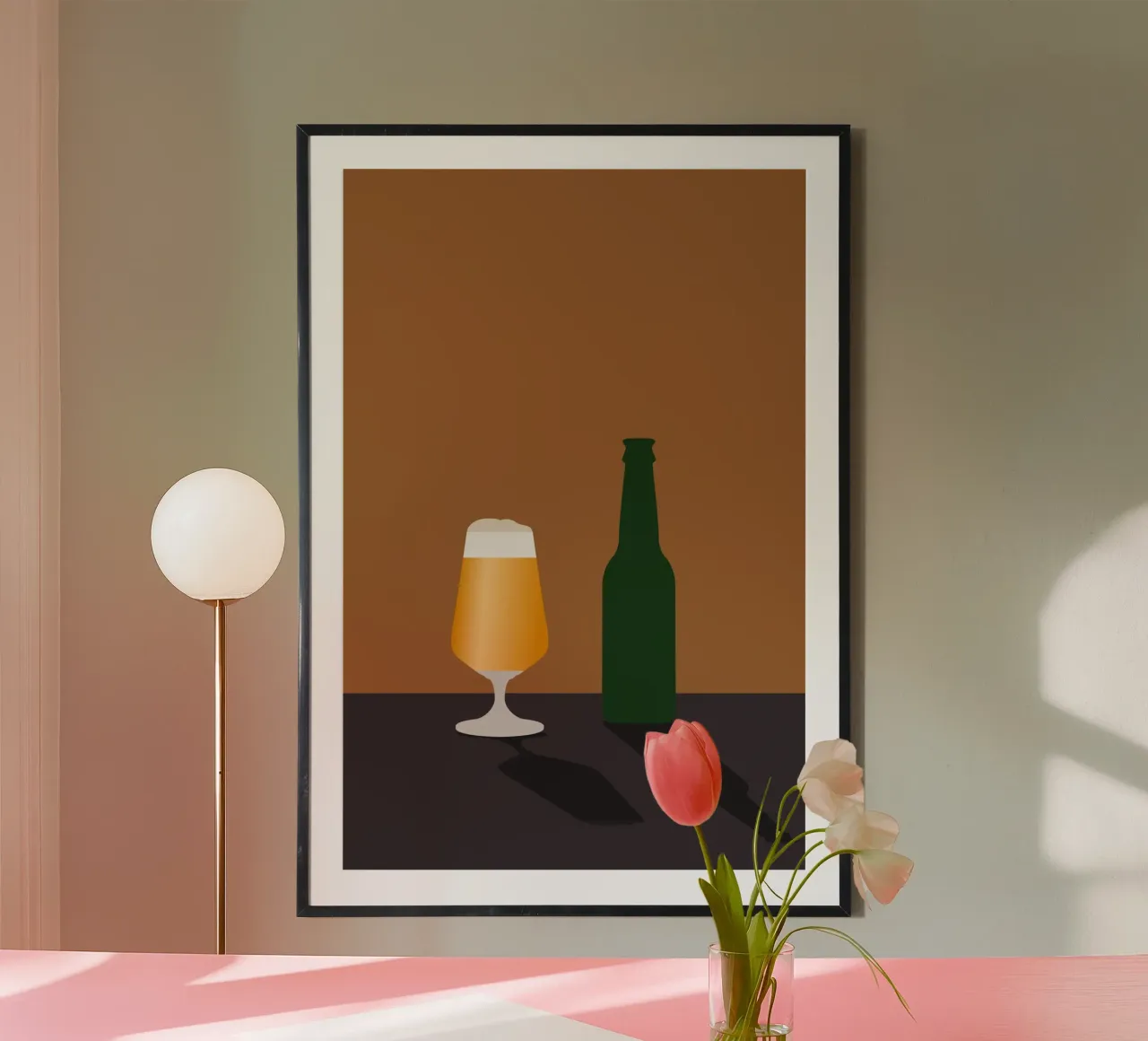 Bicchiere e bottiglia di birra minimali carta hahnemühle da minimalist designs