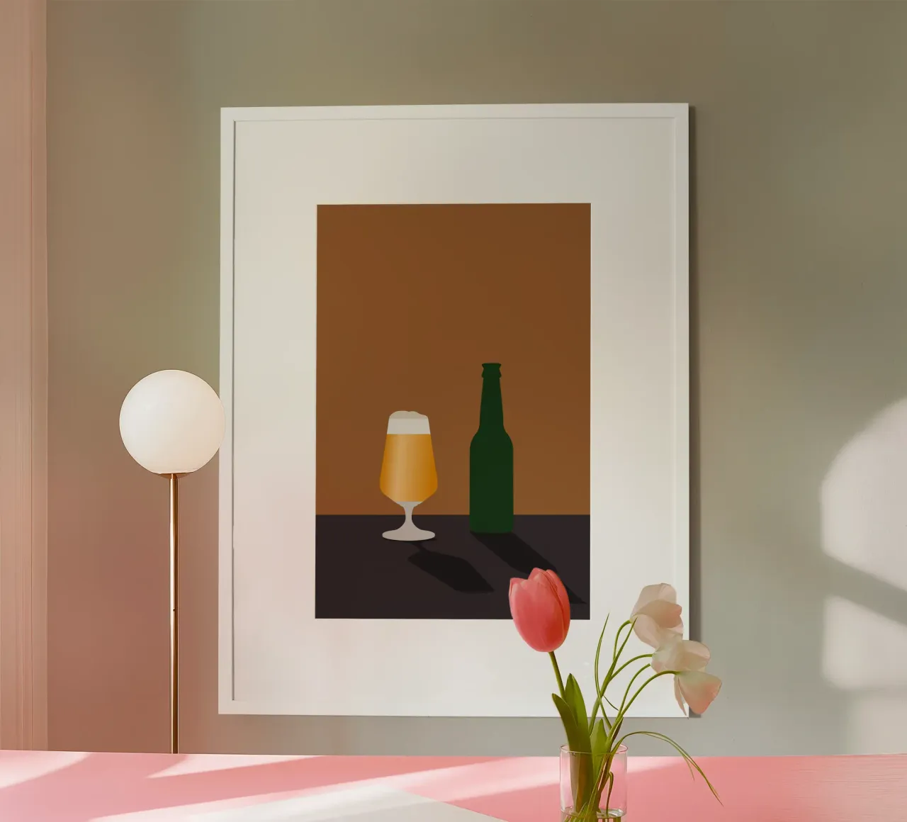 Bicchiere e bottiglia di birra minimali carta hahnemühle da minimalist designs